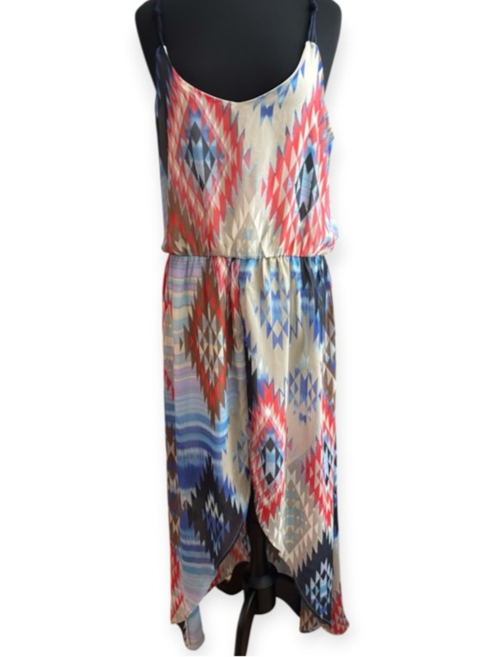 Xhilaration Aztec-Print High-Lo Maxi Dress w/Navy Straps, P2P:20”, L:60”
